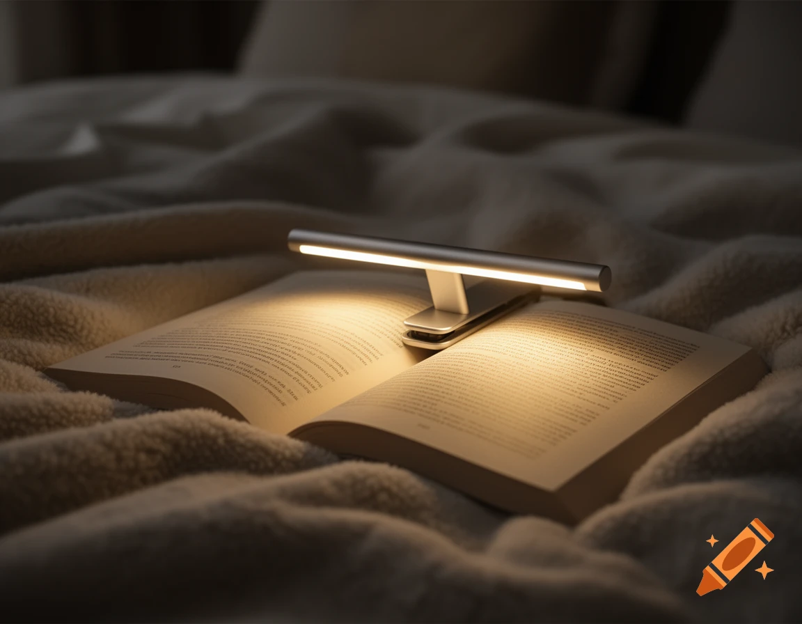 Sleek silver reading lamp clipped to an open book on a cozy blanket, illuminated by warm light in a dark room. Photorealistic.
