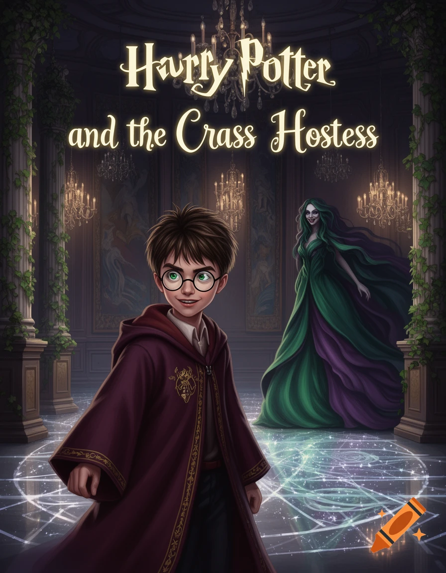 Illustrated book cover of Harry Potter in a grand hall with a green-skinned woman, titled "Harry Potter and the Crass Hostess".