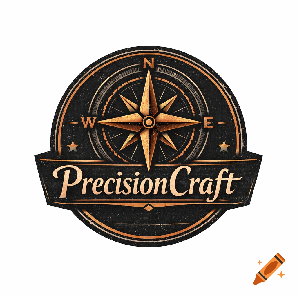 A vintage-style logo featuring a golden compass rose on a dark textured background, with the text 'PrecisionCraft' on a banner below.