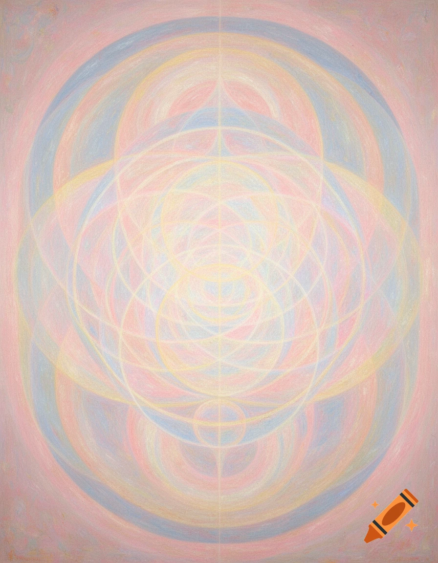 Abstract painting with overlapping concentric circles and arcs in pastel pink, blue, and yellow on a pale pink background.