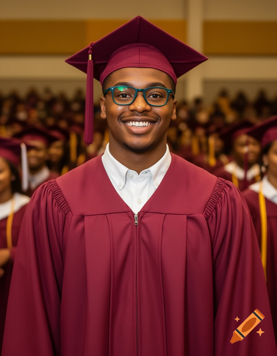 A smiling Black Nigerian American male graduate in a maroon cap and gown and teal glasses at an indoor high school graduation ceremony.