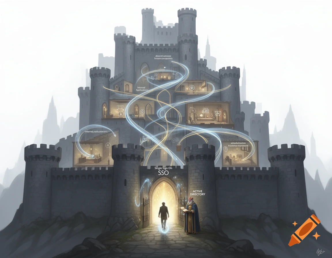 A soft fantasy illustration of a medieval castle representing an IT system, with a user entering an SSO portal and a gatekeeper.