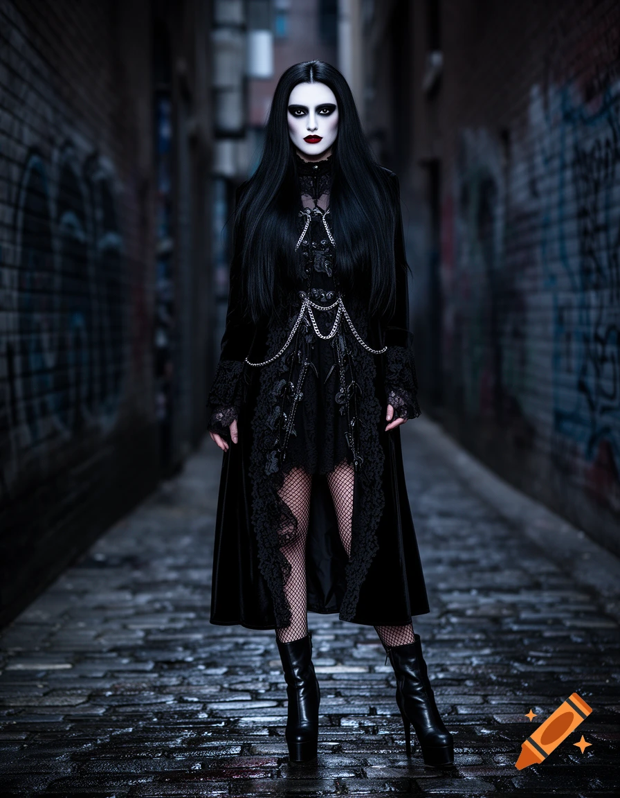 A woman with long black hair, pale skin, and dramatic makeup stands in a dark, graffiti-covered alley, wearing a black gothic outfit with chains and fishnet stockings.