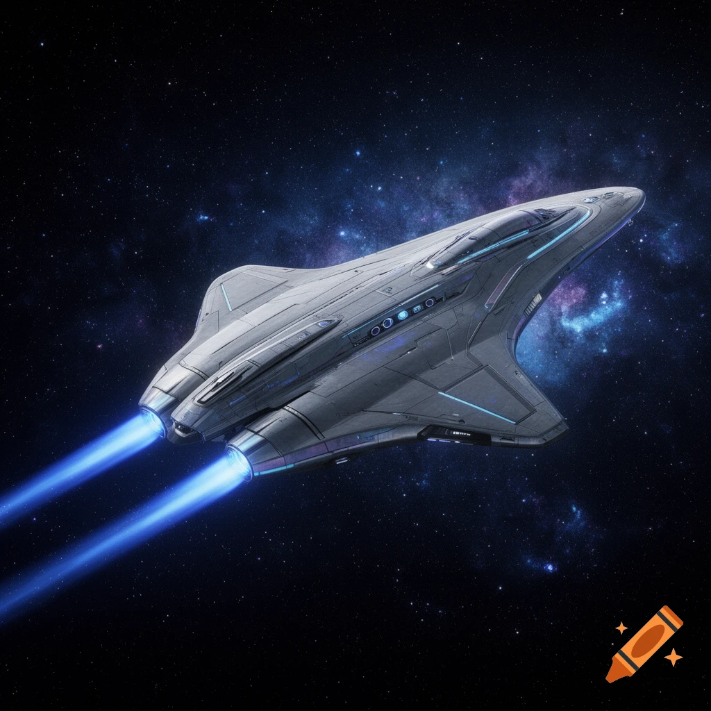 A sleek, grey futuristic spaceship with glowing blue thrusters flies through a dark, star-filled galaxy with a purple nebula.