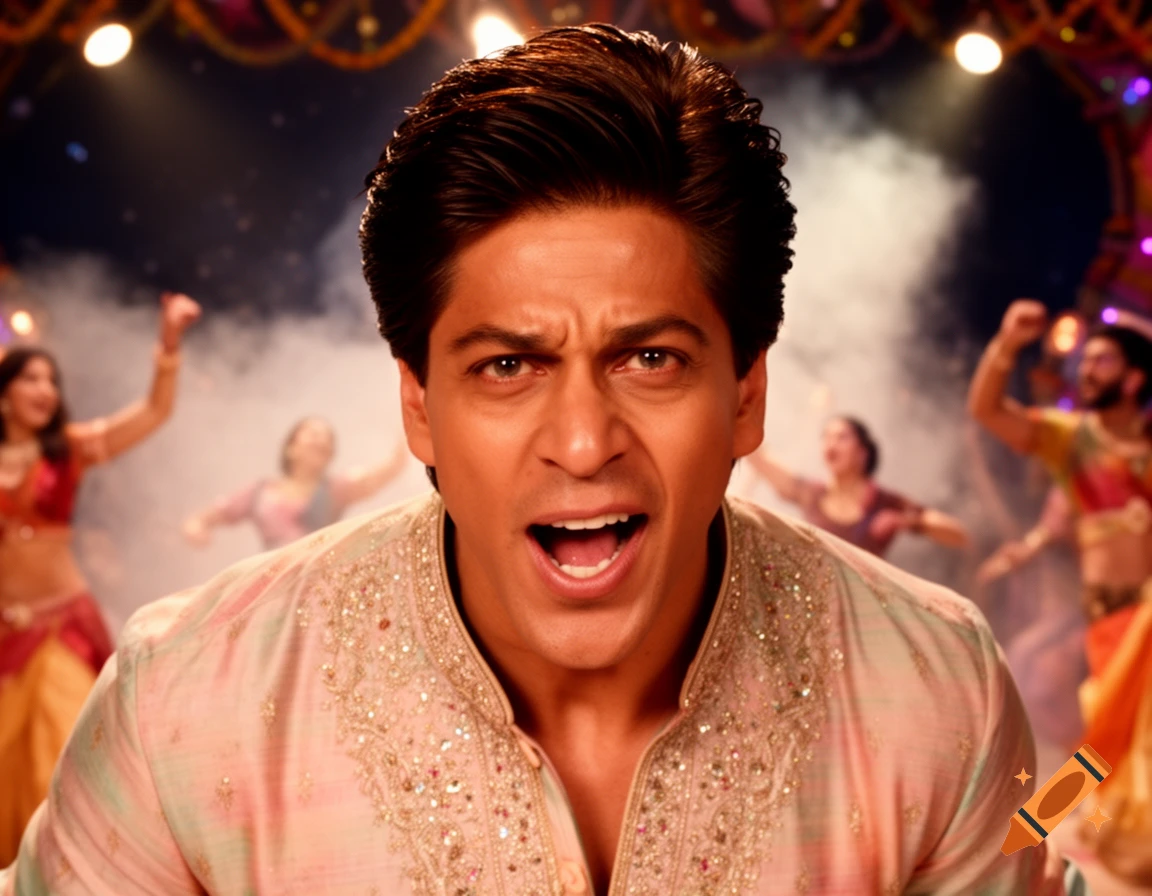 Shah Rukh Khan yells intensely in embroidered traditional attire on a brightly lit stage with dancers in the smoky background.
