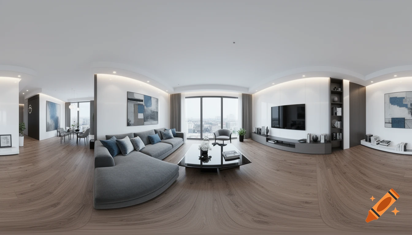 An equirectangular 360-degree panorama of a modern living room with a grey sofa, glass coffee table, and city views.