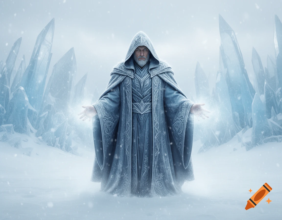 A powerful wizard in a blue, hooded robe with a white beard casting a spell, with glowing hands amidst a snowy, icy landscape filled with large ice shards.