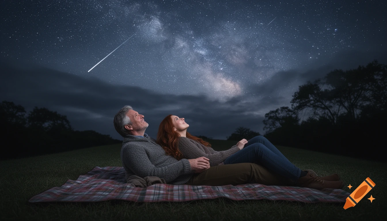 A man and a woman lie on a blanket in a field, looking up at a starry night sky with the Milky Way and a shooting star.