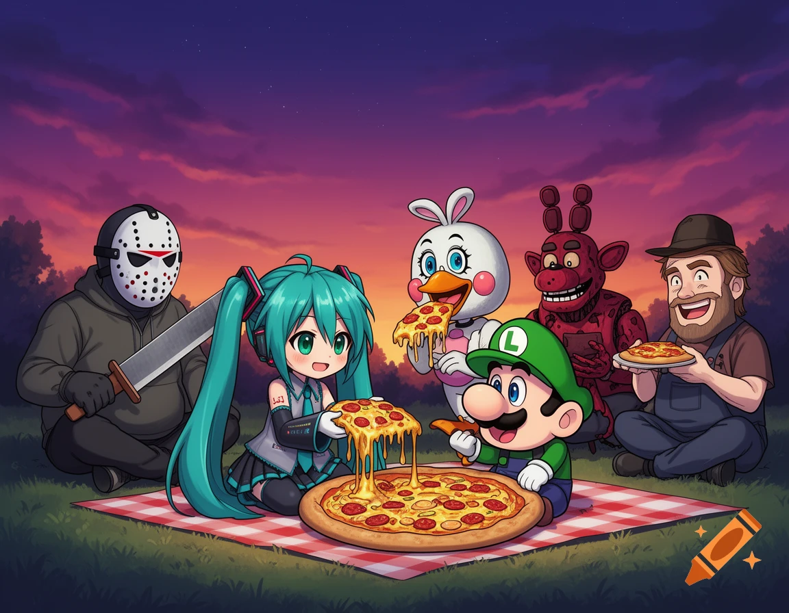 Cartoon crossover of Jason Voorhees, Hatsune Miku, Luigi, Chica, Freddy, and a bearded man having a pizza picnic at sunset.