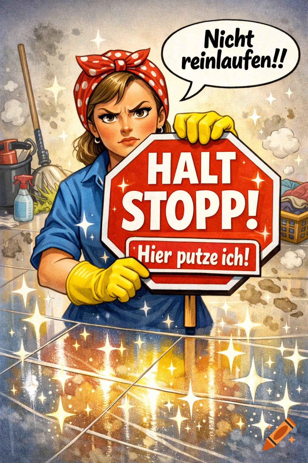 Comic illustration of a stern woman in cleaning attire holding a stop sign saying "HALT STOPP! Hier putze ich!" with a speech bubble saying "Nicht reinlaufen!!"