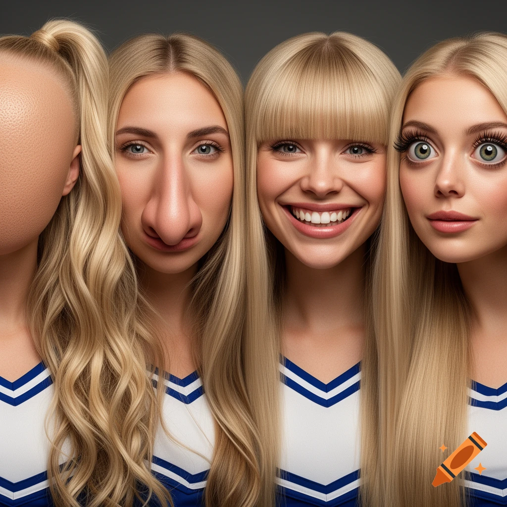 Four blond cheerleaders in white and blue tops, with distorted features: one faceless, one with a large upturned nose, one with a wide smile, and one with large eyes.