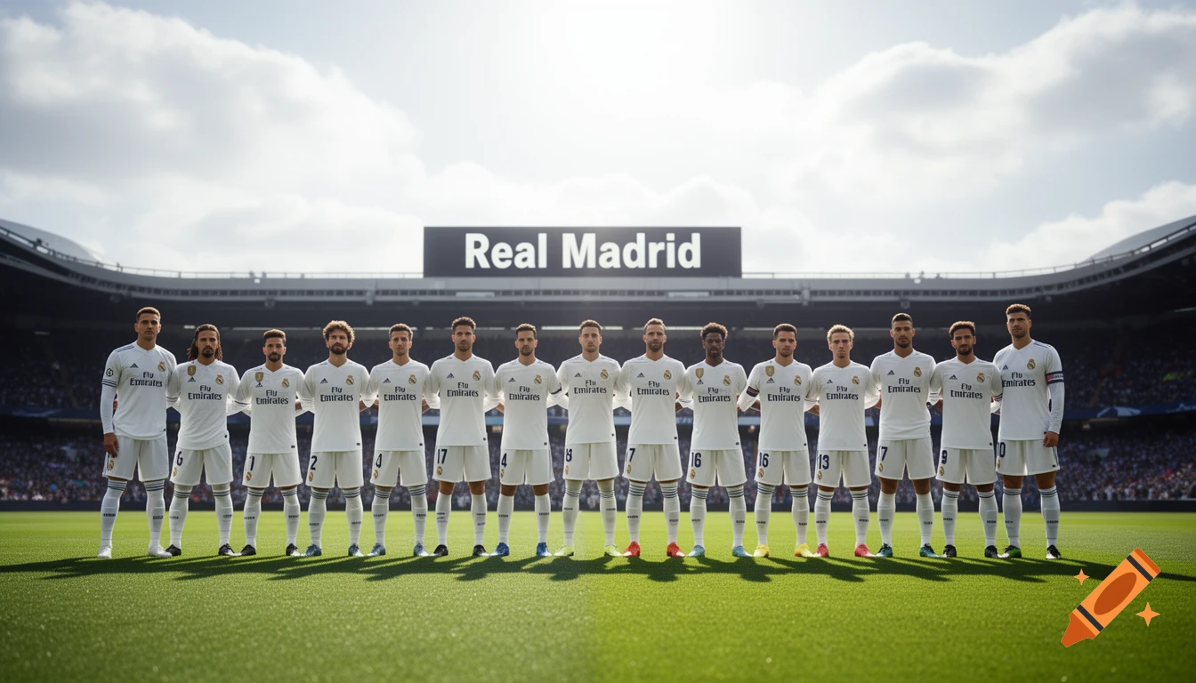 A lineup of Real Madrid soccer players in white uniforms stand on a green field in a sunlit stadium, with 'Real Madrid' on a large screen in the background.