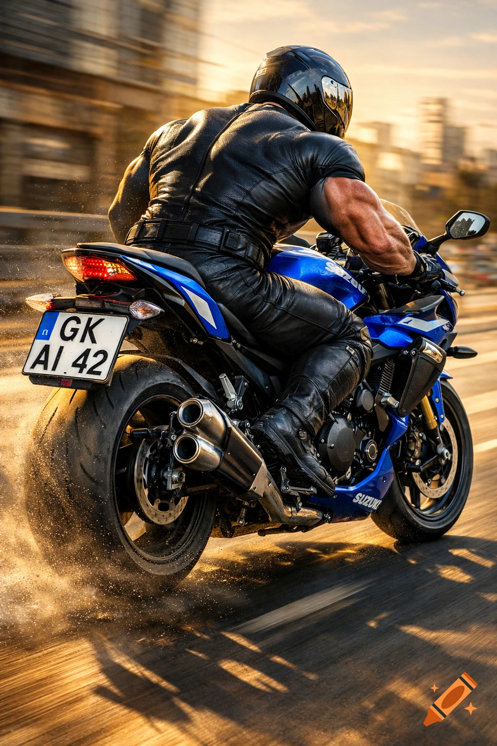 Photorealistic image of a muscular biker in a black leather suit riding a blue Suzuki motorcycle at speed on a city street, kicking up dust.