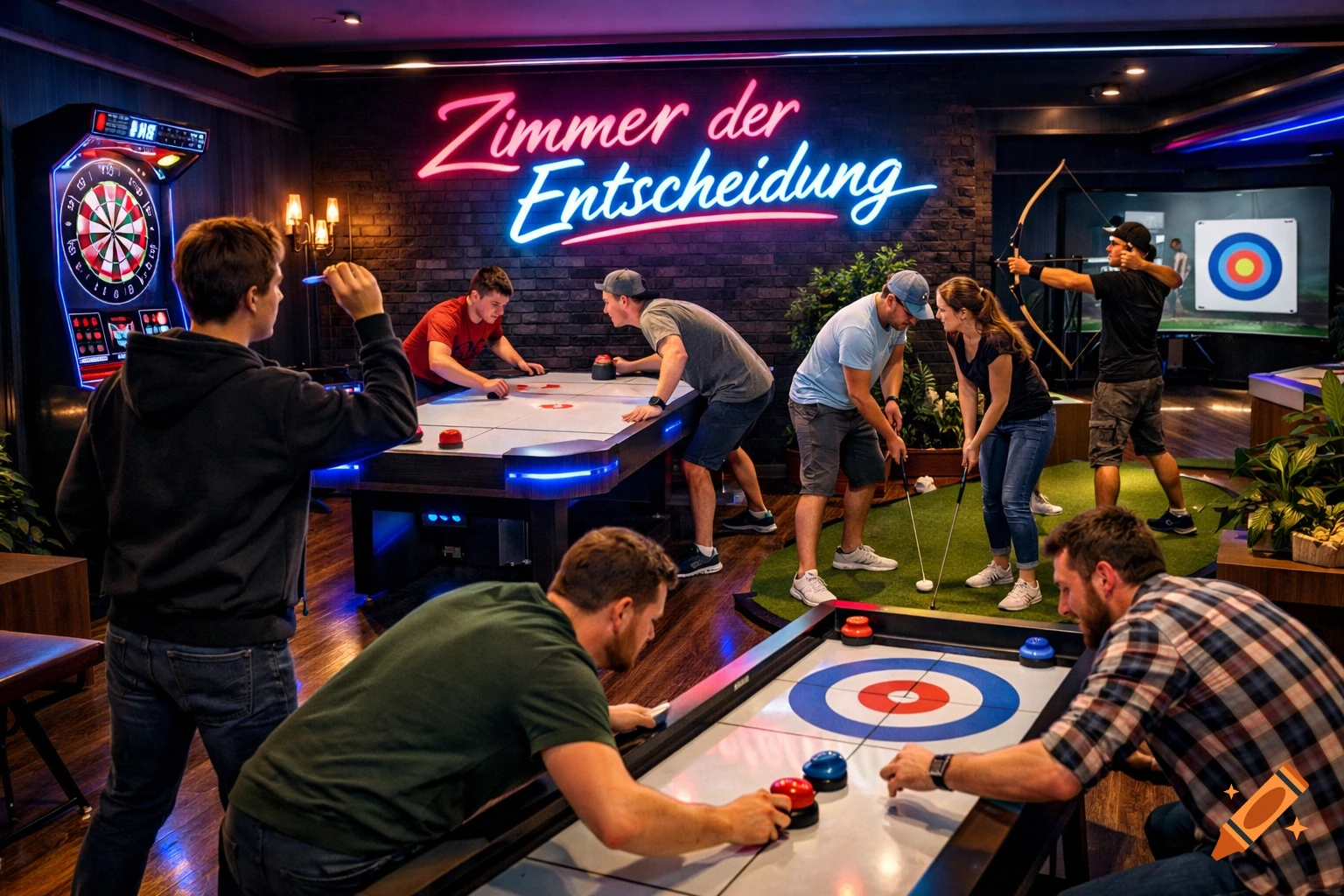 People playing darts, air hockey, mini-golf, archery, and shuffleboard in a photorealistic, neon-lit game room.
