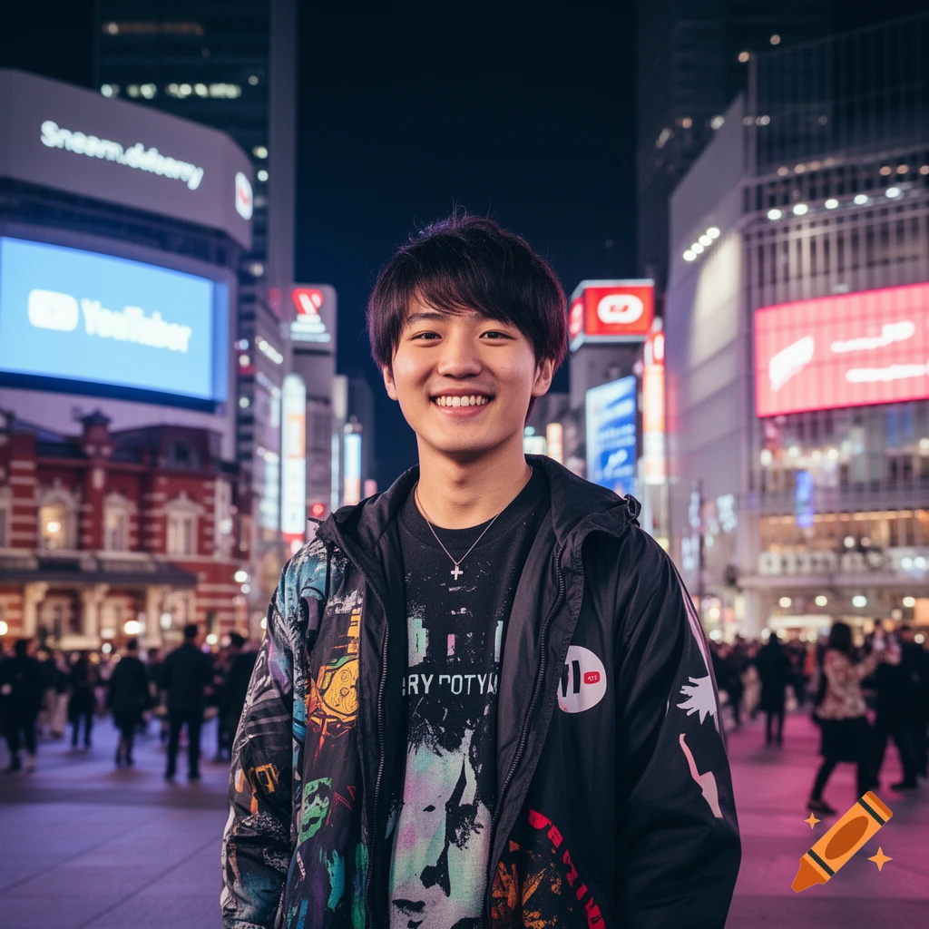 A smiling young man stands in a bustling city street at night, illuminated by bright screens and building lights.