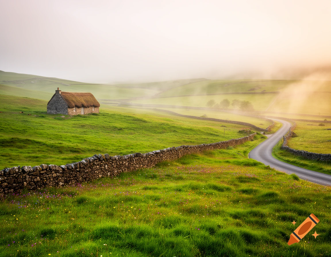 A photorealistic landscape with a stone cottage, winding road, and stone walls amidst misty green fields at sunrise.