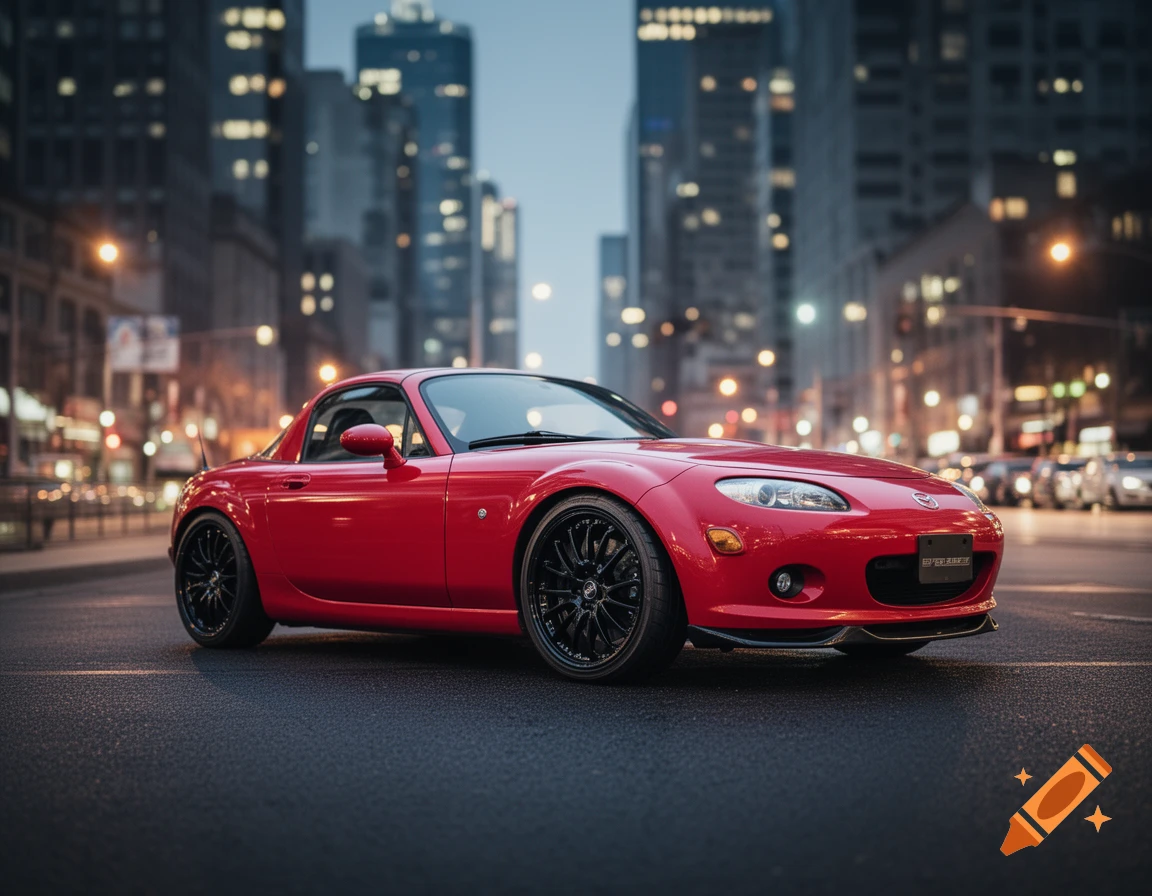 A low-angle photorealistic shot of a red Mazda MX-5 convertible on a wet city street at night, with blurred city lights and buildings in the background.