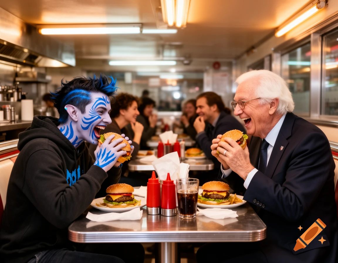 A man with blue face paint and a man resembling Bernie Sanders laugh while eating burgers in a diner.