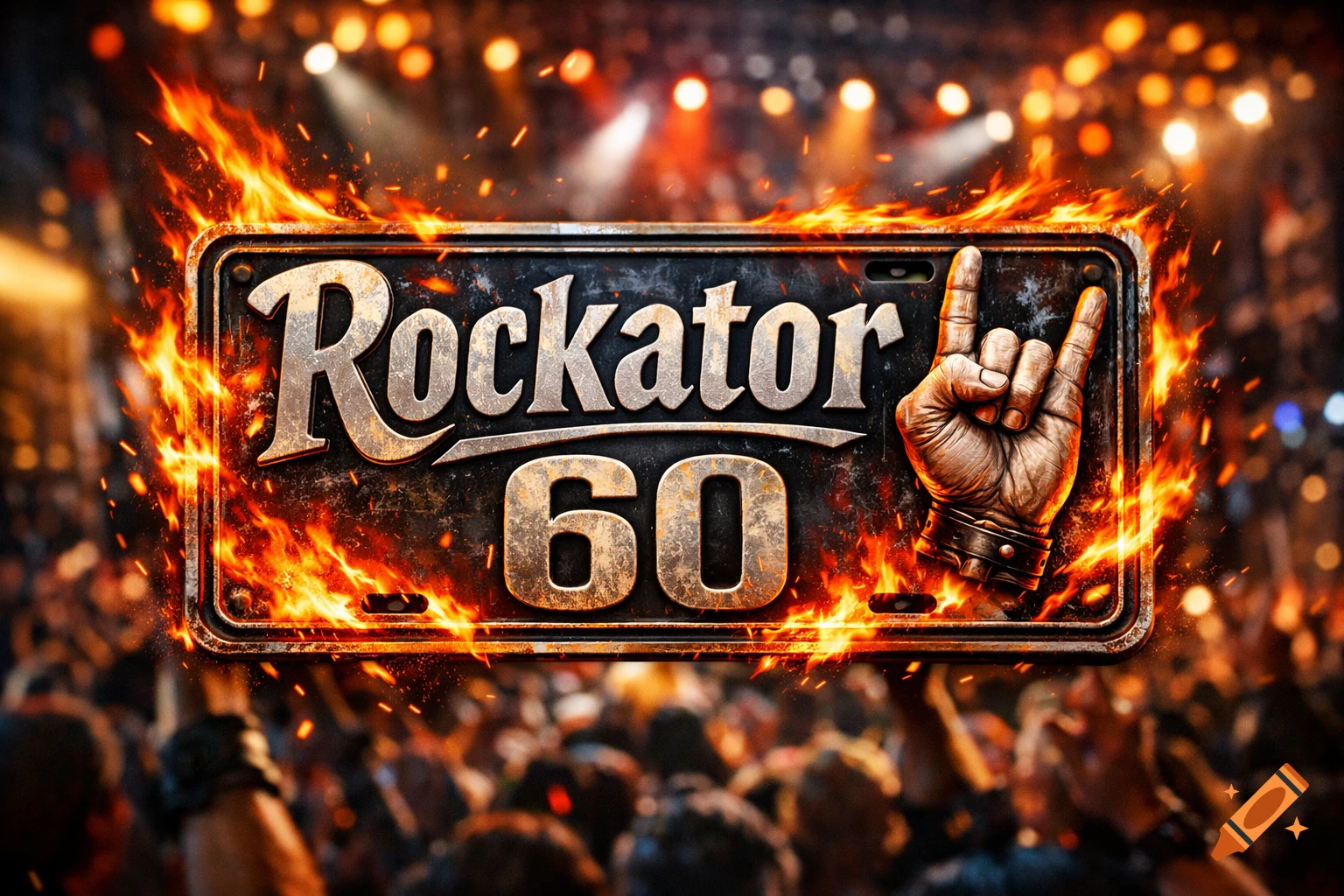 A flaming license plate displaying 'Rockator 60' with a rock-on hand gesture against a blurred concert background.