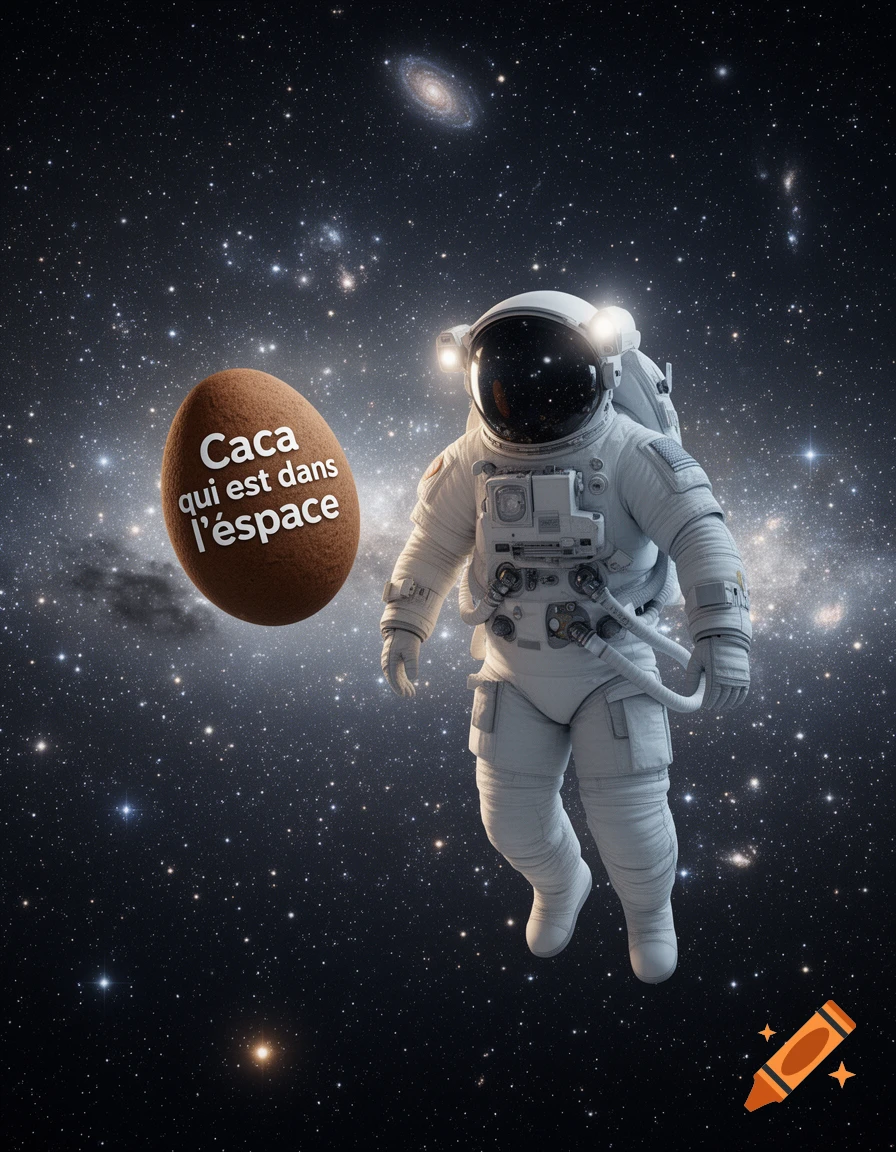An astronaut floats in space next to a brown egg with the French text 'Caca qui est dans l'espace' written on it.