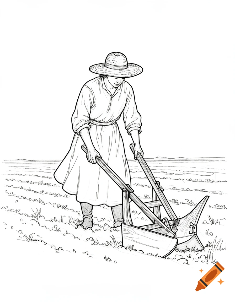 Black and white line drawing of a person in a straw hat and dress using a hand plow in a field.