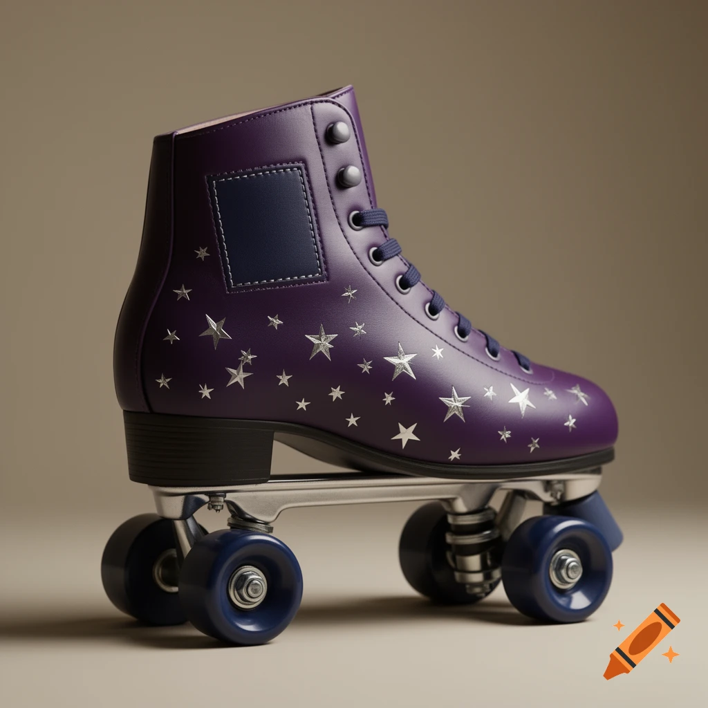 A single purple roller skate adorned with small silver stars and dark blue accents rests against a neutral background.