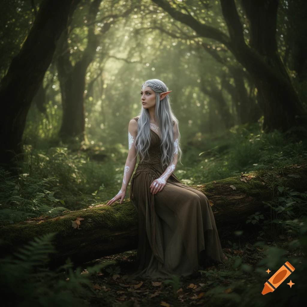 Photorealistic image of an elf woman with silver hair and white arm patterns, sitting on a mossy log in a sunlit forest.