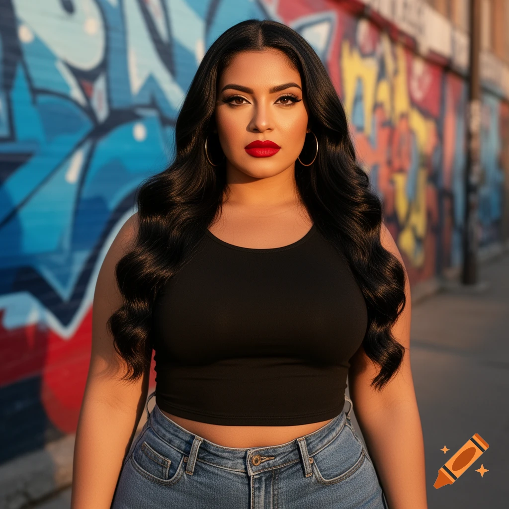 A young Latina woman with long dark wavy hair, red lipstick, and hoop earrings, wearing a black tank top and jeans, stands in front of a colorful graffiti wall with golden hour lighting.