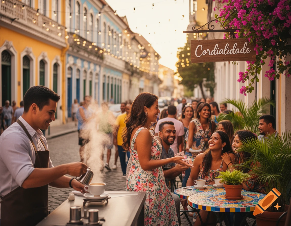 A lively street scene in Brazil with a barista pouring coffee at an outdoor cafe and people laughing at mosaic tables, set against colorful buildings.