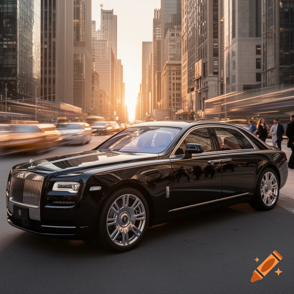 A photorealistic image of a black Rolls-Royce Ghost parked on a busy city street at sunset, with tall buildings and blurred traffic in the background.