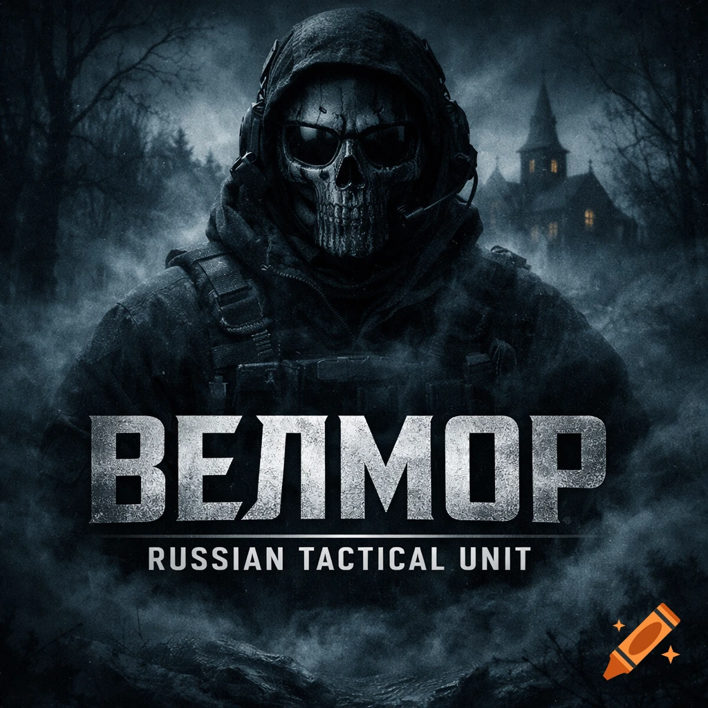 Tactical operator with a skull mask, sunglasses, hood, and headphones against a dark, foggy forest and church. Text: "ВЕЛМОР RUSSIAN TACTICAL UNIT".