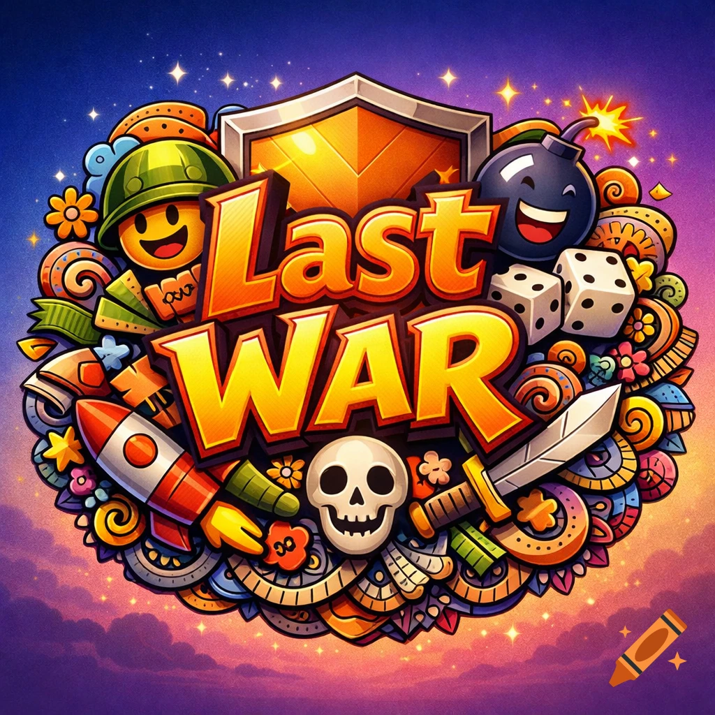 Colorful, detailed zentangle-style logo for 'Last War' game, featuring a helmet, bomb, rocket, skull, and sword.