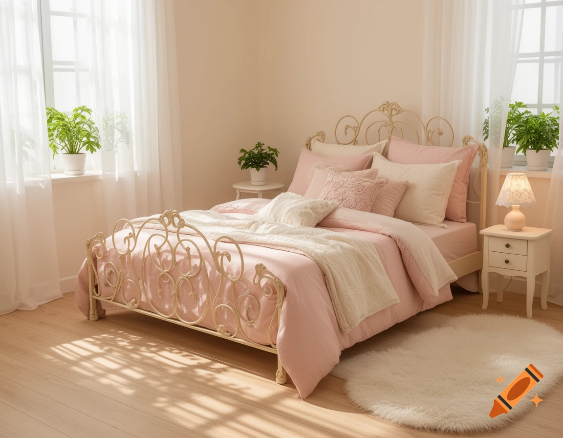 A bright, cozy bedroom with a white wrought iron bed, pink bedding, sheer curtains, potted plants, and a fluffy white rug.