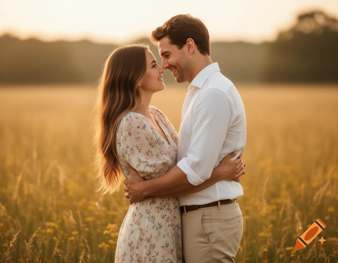 Photorealistic image of a smiling couple embracing in a golden field during sunset.