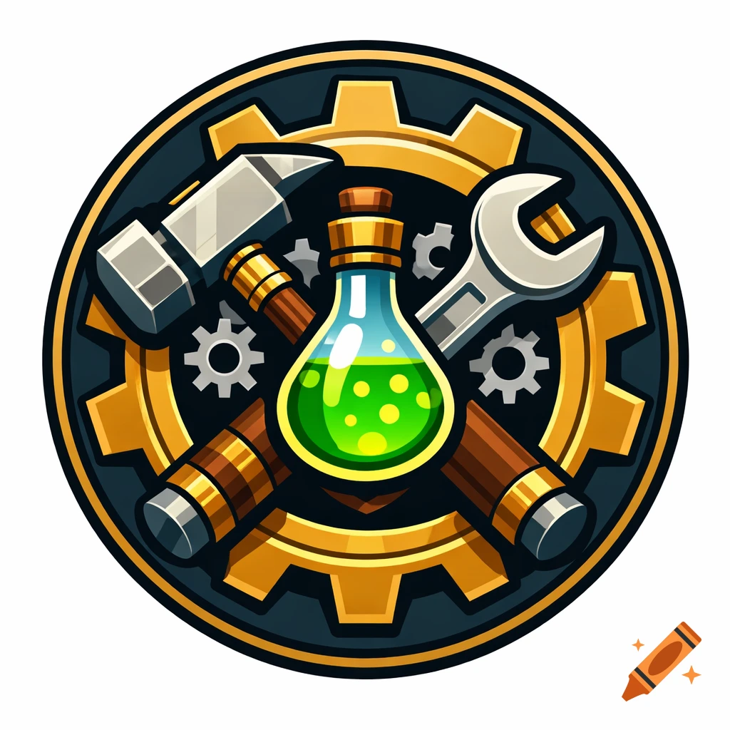 A circular stylized icon with a golden gear, a crossed hammer and wrench, and a central green bubbly potion.