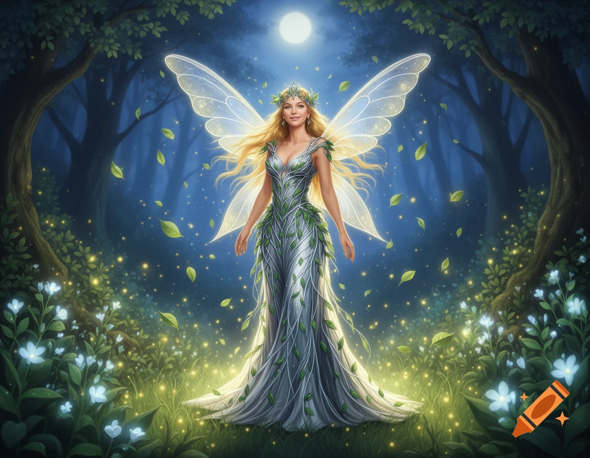 A blonde fairy with glowing wings and a leaf-adorned gown stands in a magical night forest under a full moon.