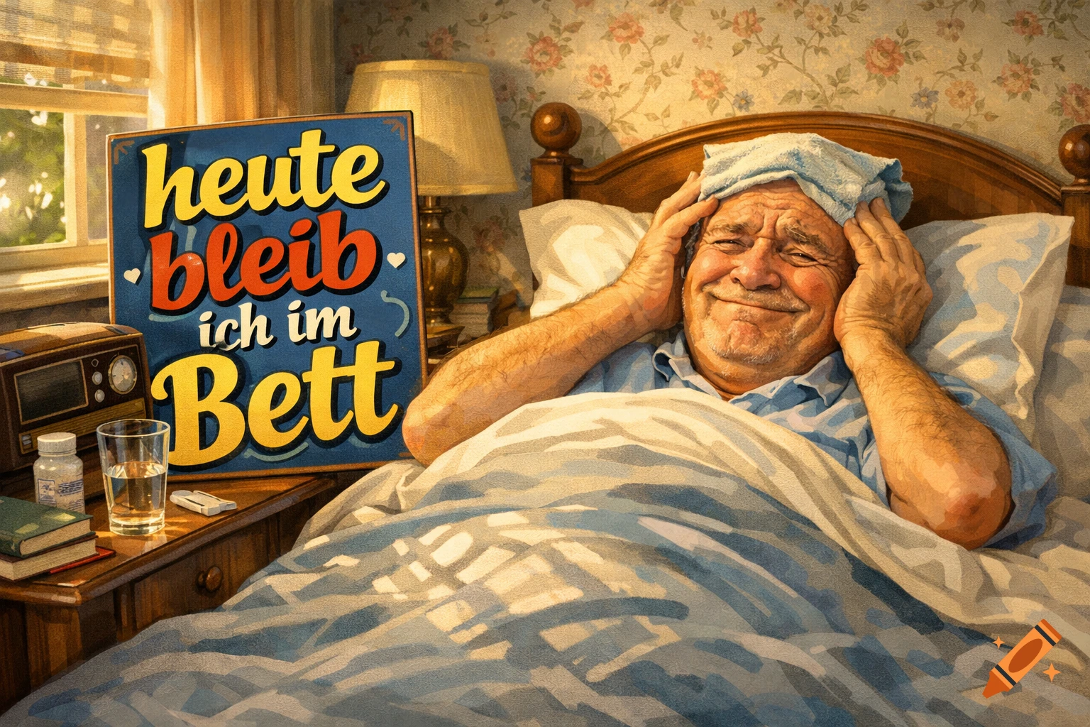 An old man smiling in bed with a blue sign next to him that reads "heute bleib ich im Bett" (today I stay in bed).