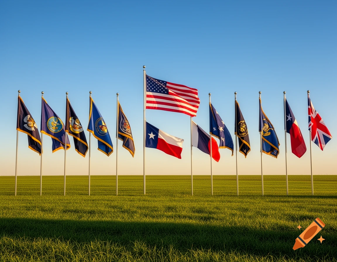 A line of diverse flags, including the US, Texas, French, Polish, and UK flags, waving in a grassy field under a clear blue sky.