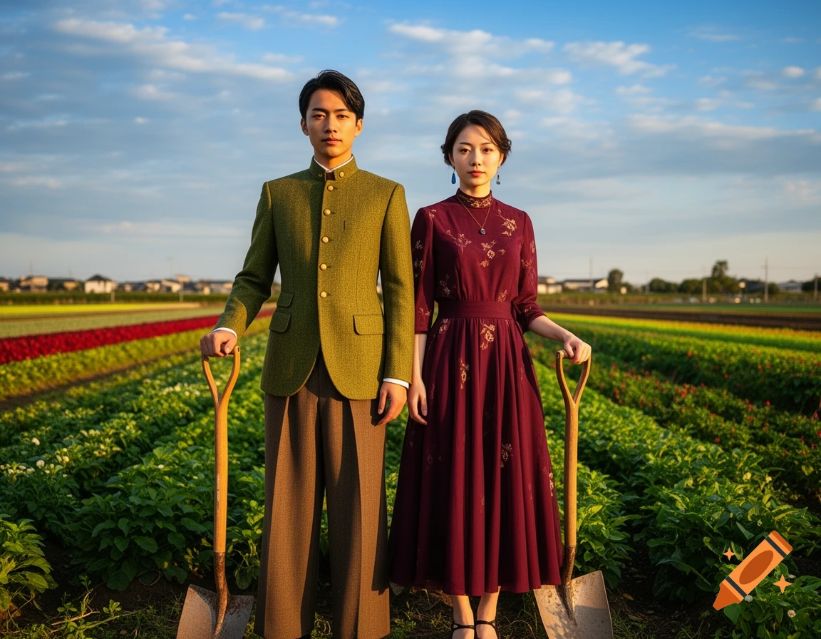 A serious-looking man and woman in neo-retro attire, holding shovels in a vibrant, sunlit field under a blue sky.