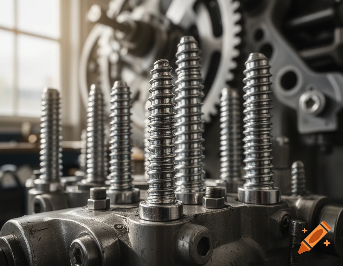 Close-up, photorealistic image of many shiny metal screws and gears in an industrial setting.