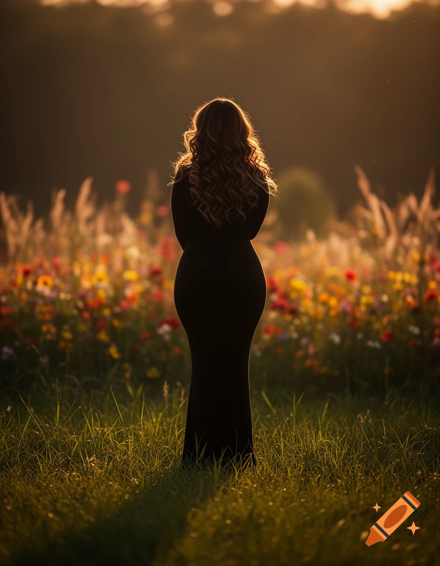 A woman with long wavy hair, seen from behind, standing in a vibrant field of flowers at sunset, silhouetted against the bright light.