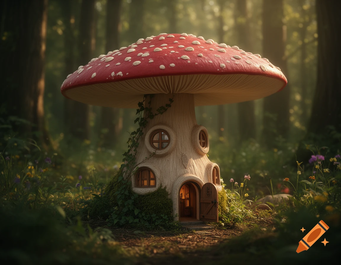 A whimsical mushroom house with a red cap and small windows, nestled in ...