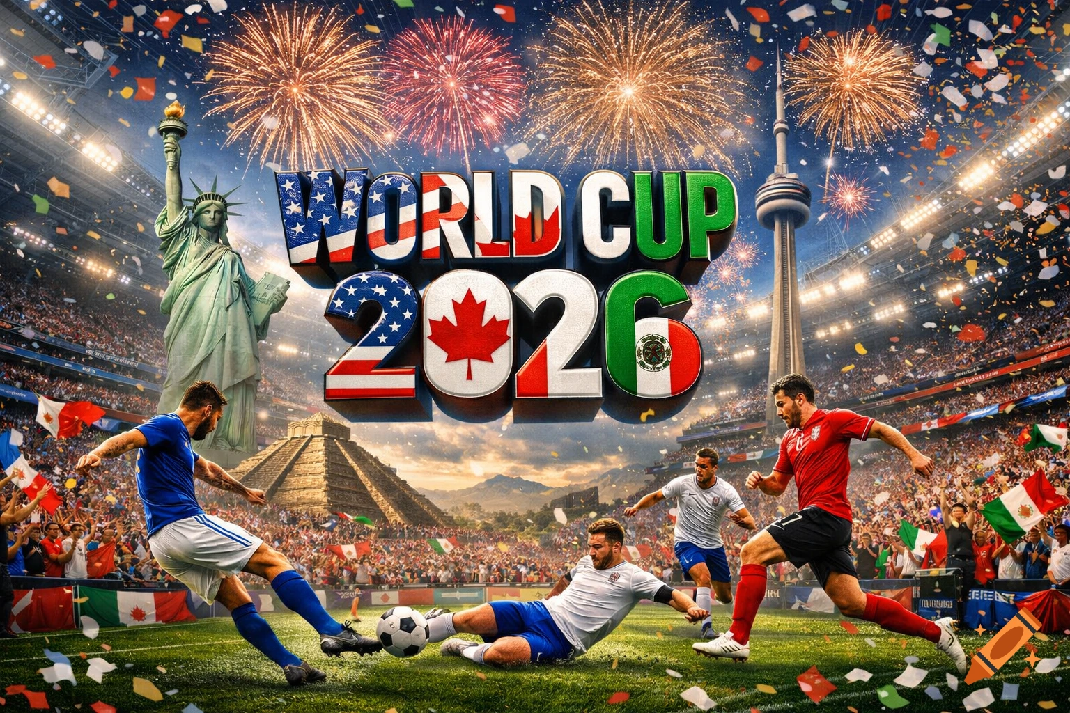 Photorealistic image of FIFA World Cup 2026 celebration in a stadium with players, fans, fireworks, confetti, and landmarks.