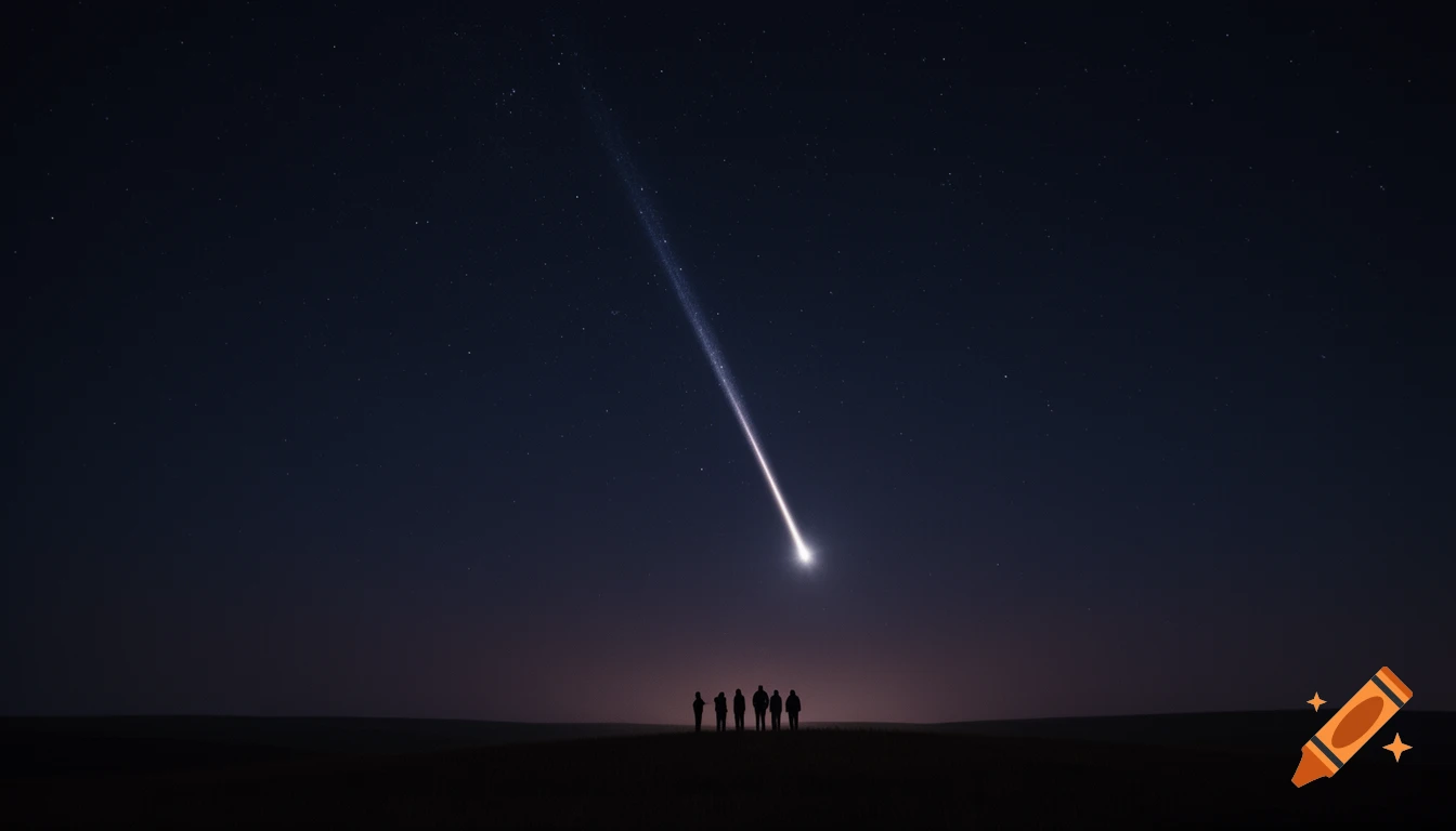 Five people in silhouette watch a bright shooting star against a dark, starry night sky above a flat landscape.