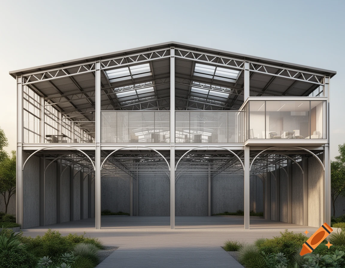 A modern, open steel frame building with an upper glass-enclosed mezzanine office and ground-level landscaping.
