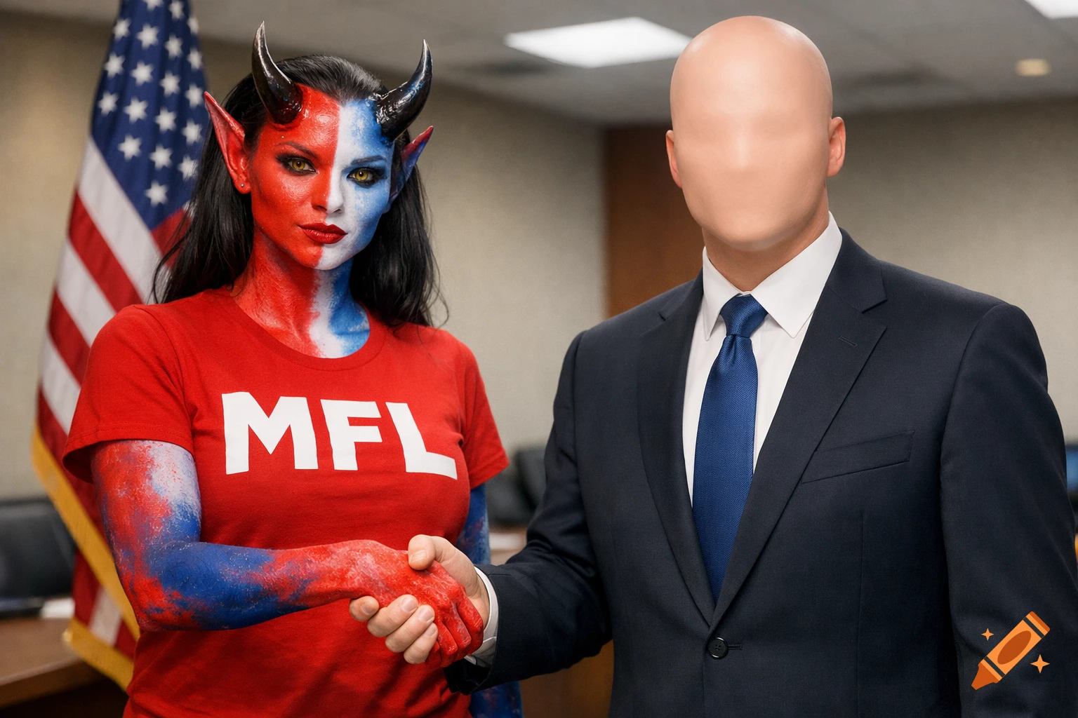 A female demon with red, white, and blue skin and horns, wearing an "MFL" t-shirt, shakes hands with a faceless businessman in a conference room with an American flag.