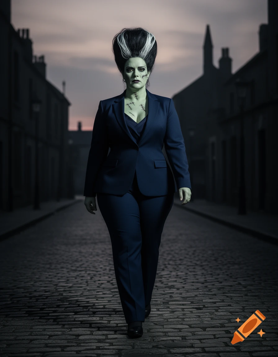A woman dressed as the Bride of Frankenstein in a navy pantsuit walks down a cobblestone street at dusk.