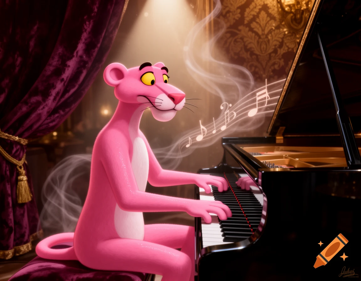 The Pink Panther cartoon character plays a grand piano in a dimly lit, richly decorated room, with musical notes floating above.