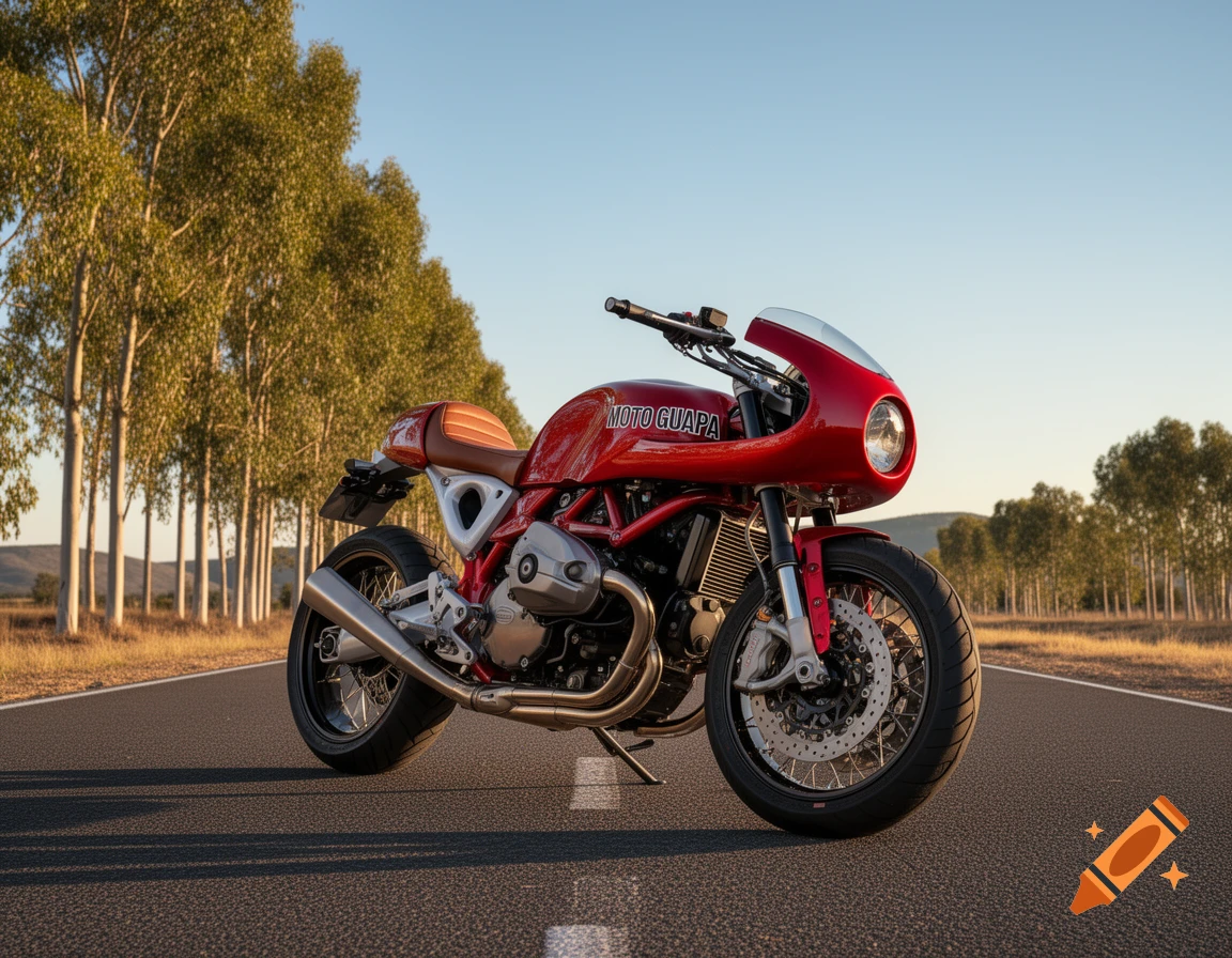A red cafe racer motorcycle with a brown seat parked on a paved road lined with trees at sunset.