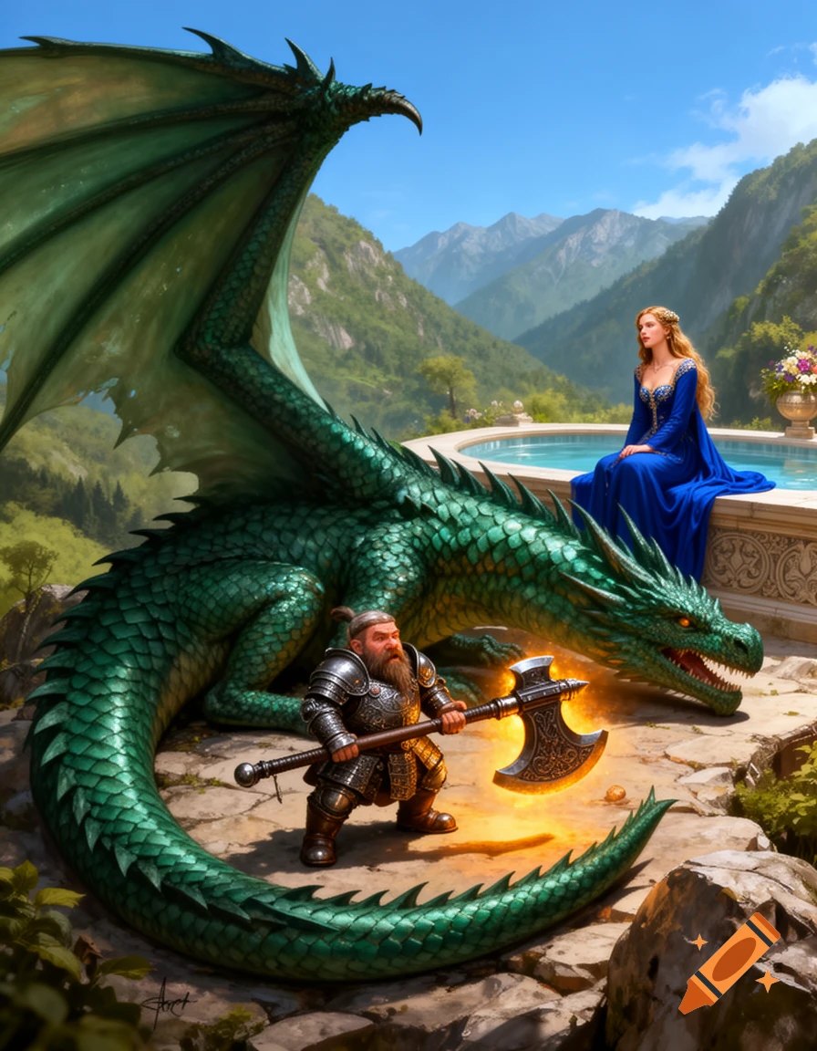 A dwarf warrior with a glowing axe stands near a coiled green dragon, as a princess watches from a pool in a fantasy mountain landscape.